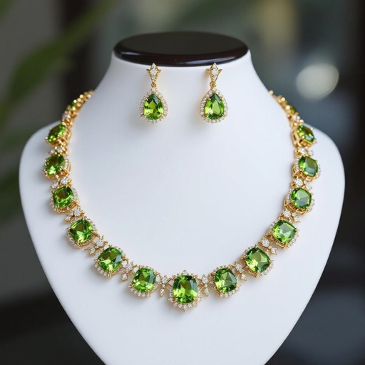 Necklace and earring with peridot and diamond with gold