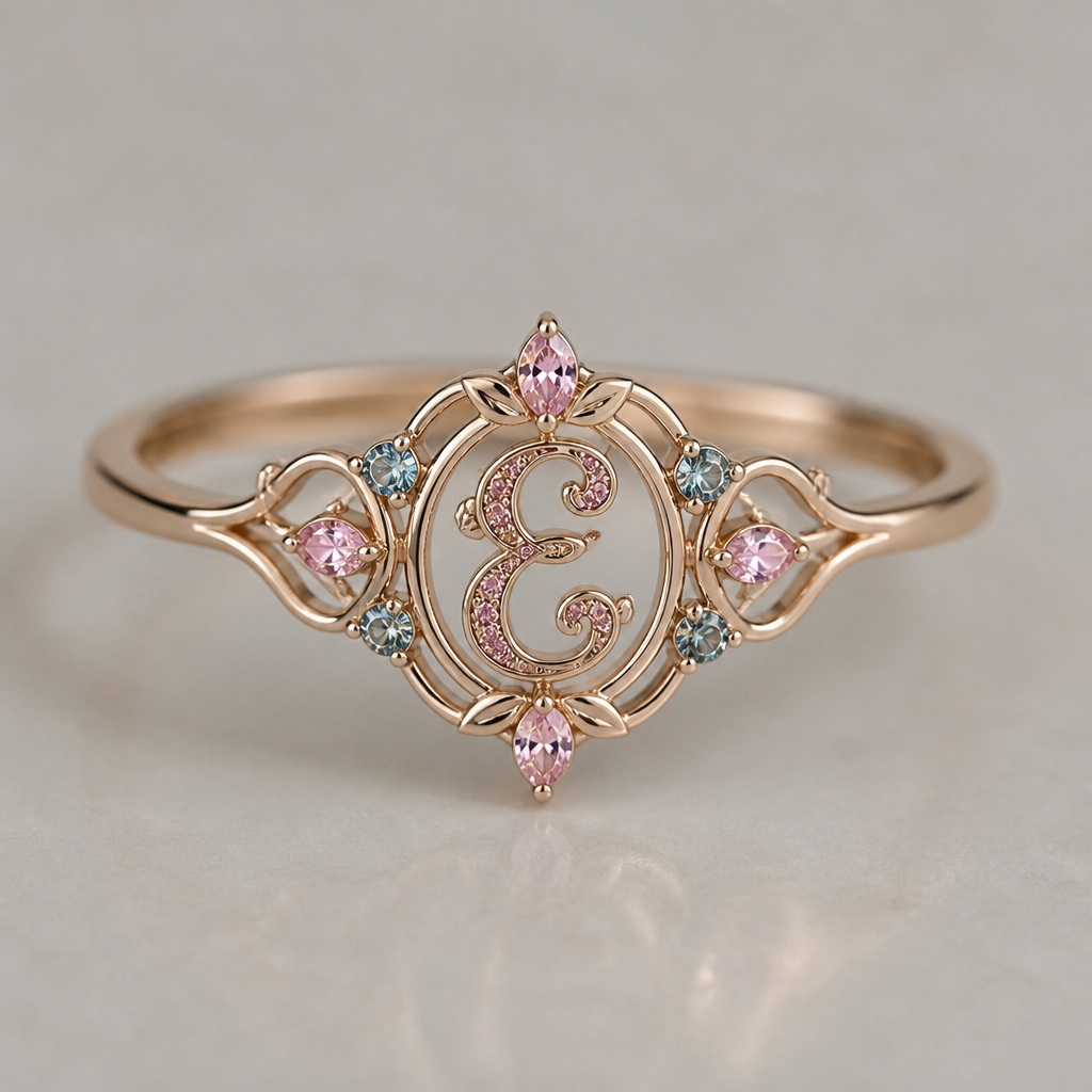 A art nouveau women's ring, minimalist, simple and delicate, clean lines. anel de 15 anos com inicial E com pedras rosa dentro com azul e rosa em volta
photorealistic jewelry design, A art nouveau women's ring, minimalist, simple and delicate, clean lines. anel de 15 anos com inicial E com pedras rosa dentro com azul e rosa em volta, art_nouveau style, just the design no text