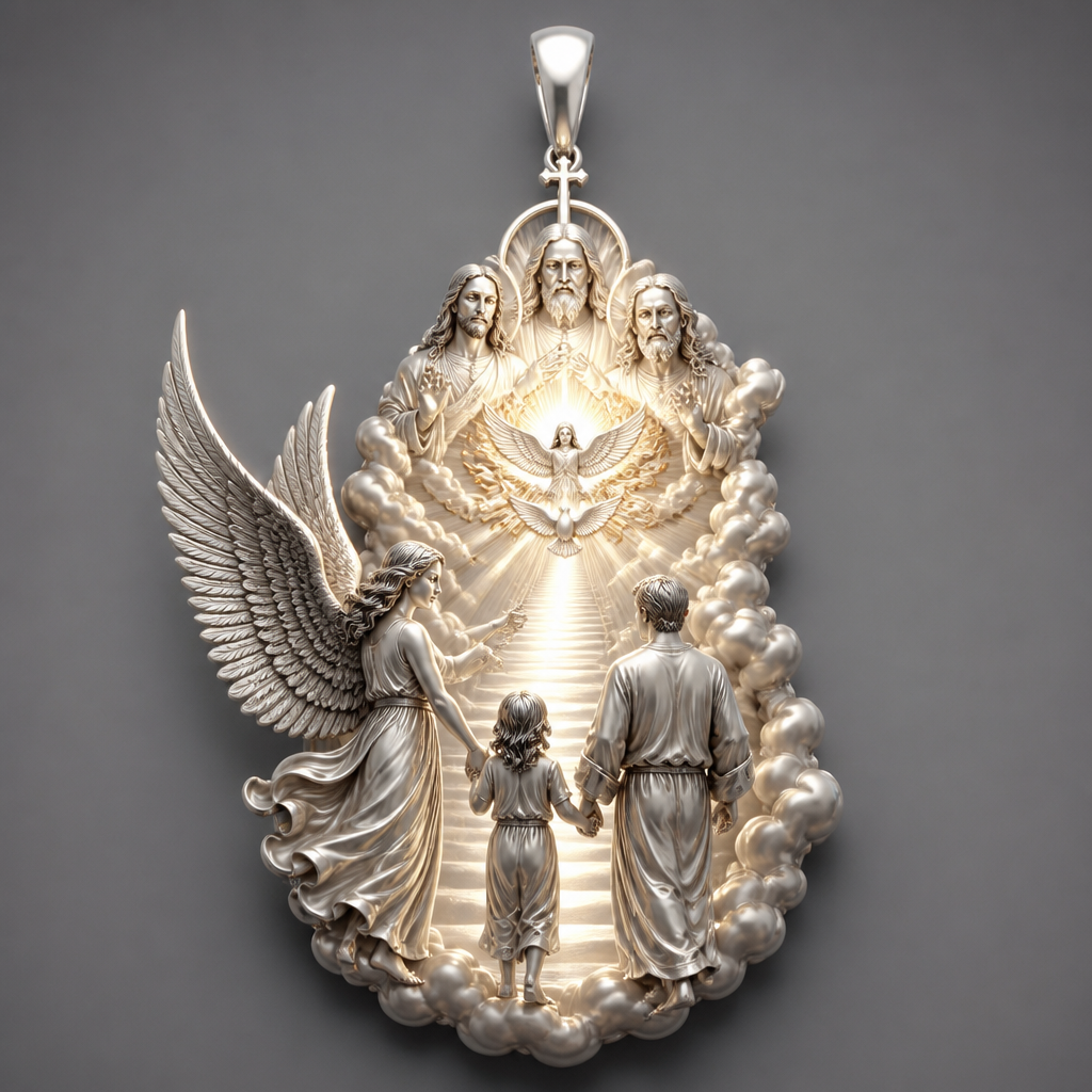A modern women's pendant made of silver suitable for festival. An extraordinary excellent beautiful delicate and elegant pendant with the Guardian Angel with a beautiful delicate and elegant face, with long hair, with big wings flying, with a beautiful delicate elegant and with beautiful curves at her body, with a beautiful delicate and elegant tunic holding a child and an adult with its hands protecting them and guiding them on the way of the Holy Trinity. Sawing the way of the Holy Trinity in front of them God the Father, God the Son and God the Holy Spirit, the Holy Spirit to be as an Angel with a dove under the Angel surrounded by tongues of fire radiating light to the persons and the Guardian Angel, without the surrounding metals of the pendant. All the persons and the surrounding area to be 3D like statues. With less metal of the pendant and more accurate persons and only the persons and the clouds and the rayes of light. Less metal at the pendant and more 3D persons to be seen all the persons 3D. The persons to be sawn going straight on the way to the Holy Trinity. Part of the face of the persons to be seen.