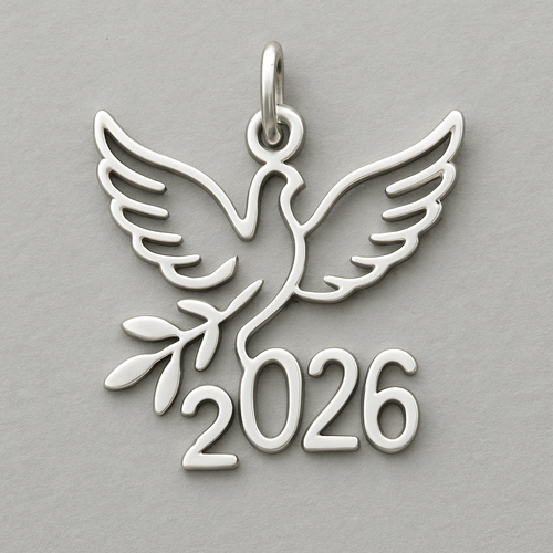 Silver cut-out charm blending together only the two spread out wings of a bird, an olive branch and  along year 2026