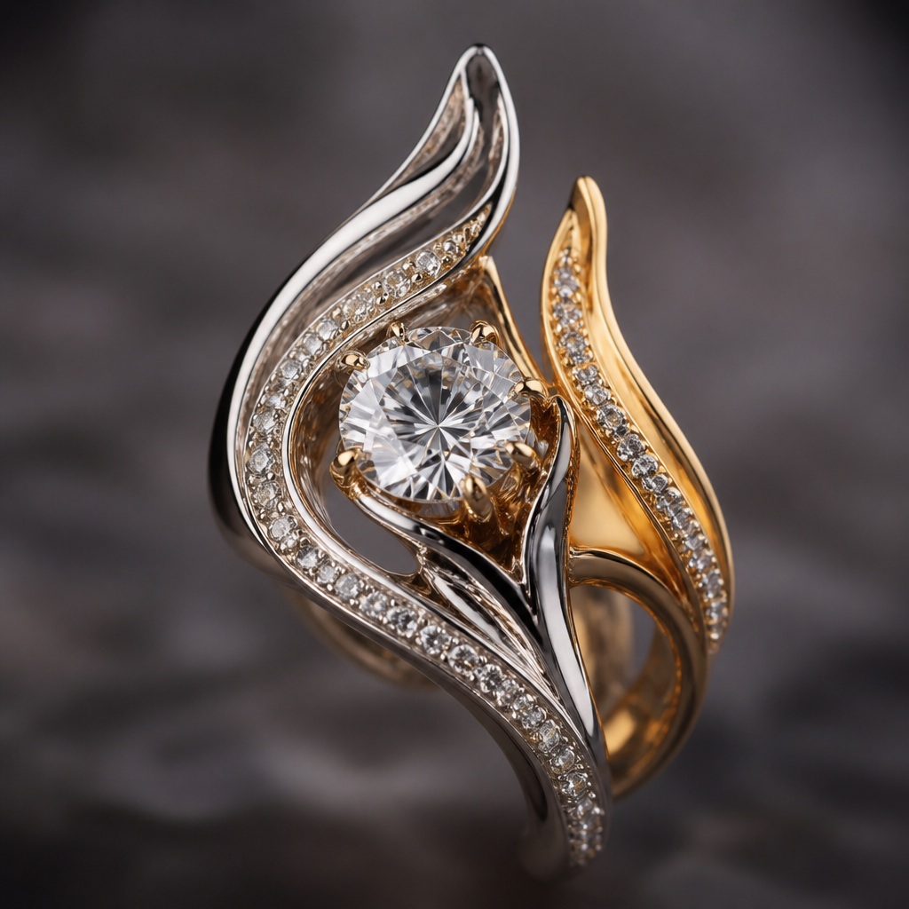 A avant-garde women's ring made of mixed metal with diamond stones suitable for festival. An extraordinary excellent beautiful delicate and elegant solitaire women ring. Face of the ring.
photorealistic jewelry design, A avant-garde women's ring made of mixed metal with diamond stones suitable for festival. An extraordinary excellent beautiful delicate and elegant solitaire women ring. Face of the ring., avant_garde style, just the design no text
