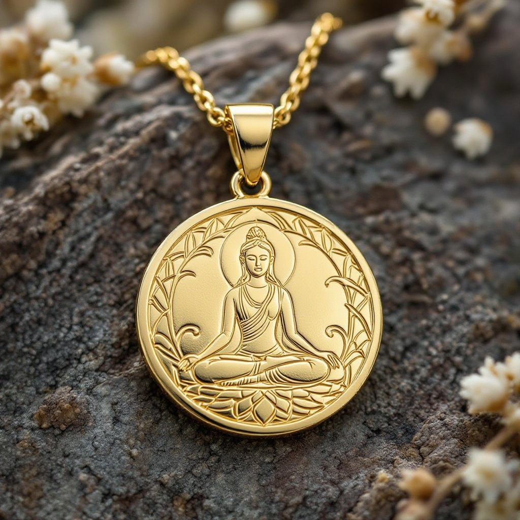 Золотой кулон в виде неровного круга в круге выгравирована женщина с длинными волосами в позе лотоса