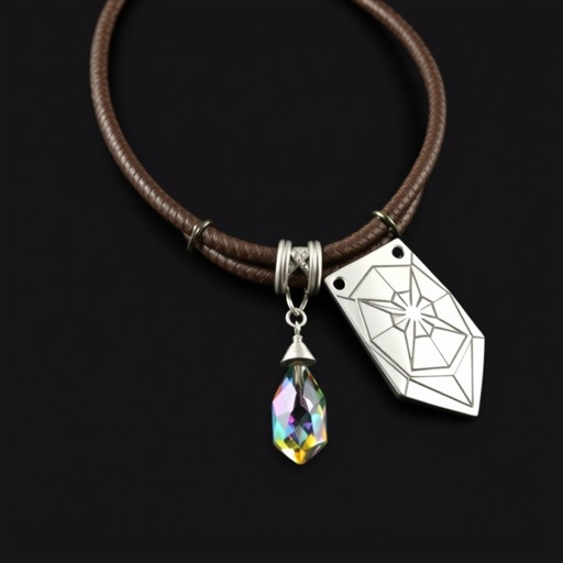Modern stylish necklace on thick leather cord with big silver pendant and crystal stone charm 