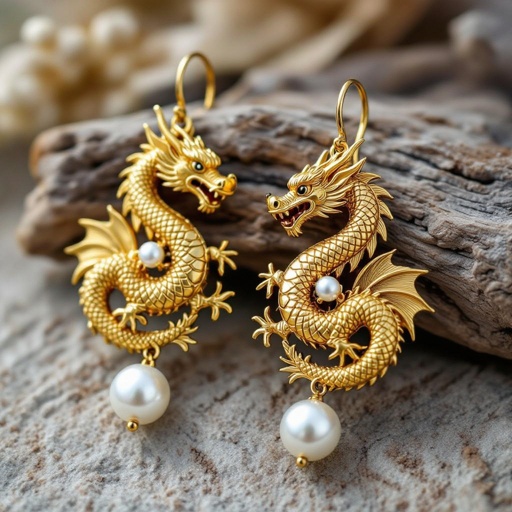 Золотые матовые серьги с изображением дракона узоры и жемчуг 