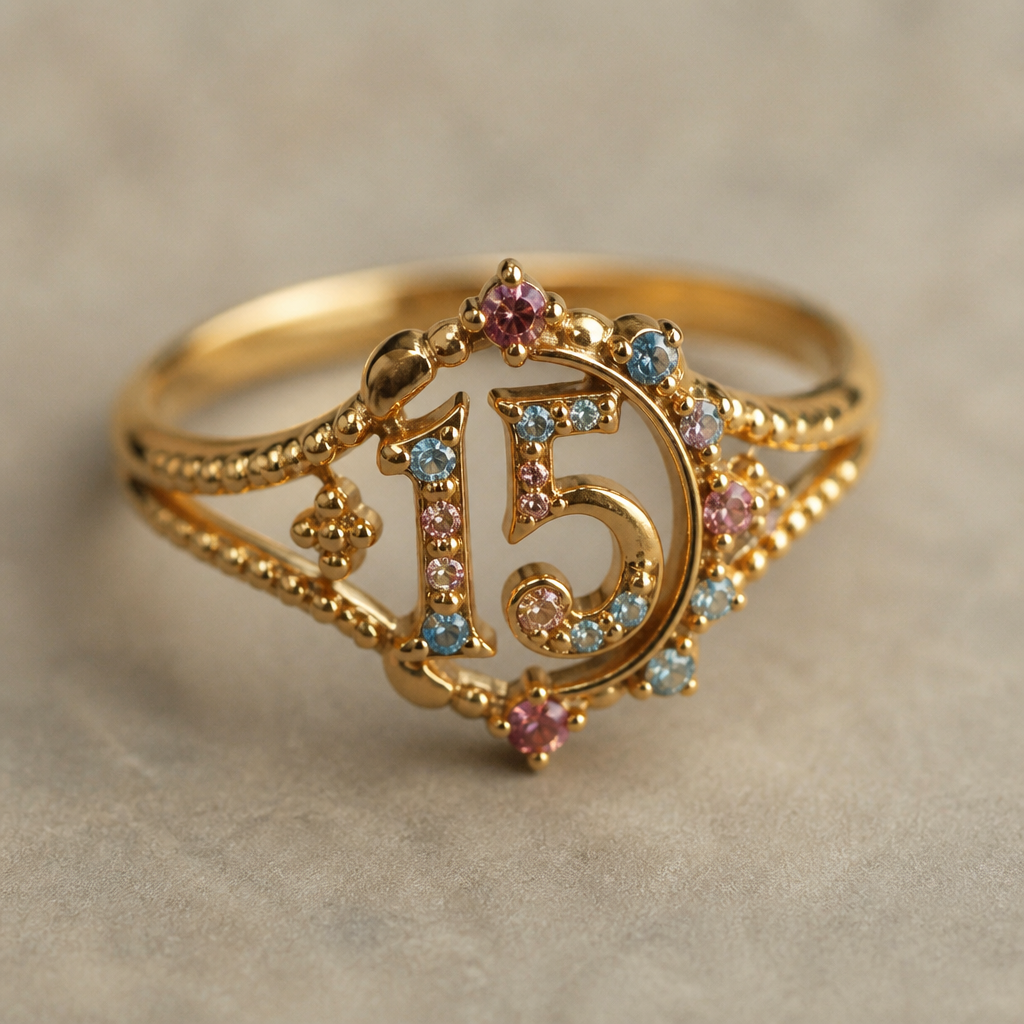 A bohemian women's ring made of gold. um anel de 15 anos com inicial E com pedrinhas azul e pedrinhas rosa em volta
photorealistic jewelry design, A bohemian women's ring made of gold. um anel de 15 anos com inicial E com pedrinhas azul e pedrinhas rosa em volta, bohemian style, just the design no text