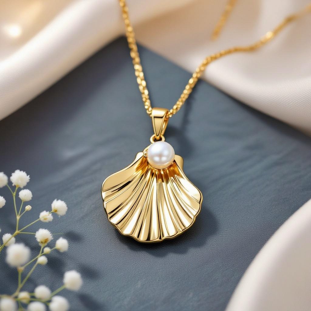 Украшение на шею золотая цепочка с подвеской в виде ракушки с жемчугом внутри