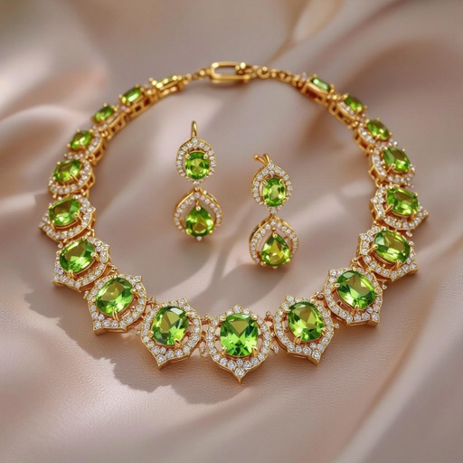 Necklace and earring with peridot and diamond with gold