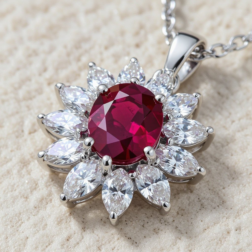 7x5mm oval pigeon blood ruby with 8 marquis cut diamonds each .08ct set in white gold pendant 