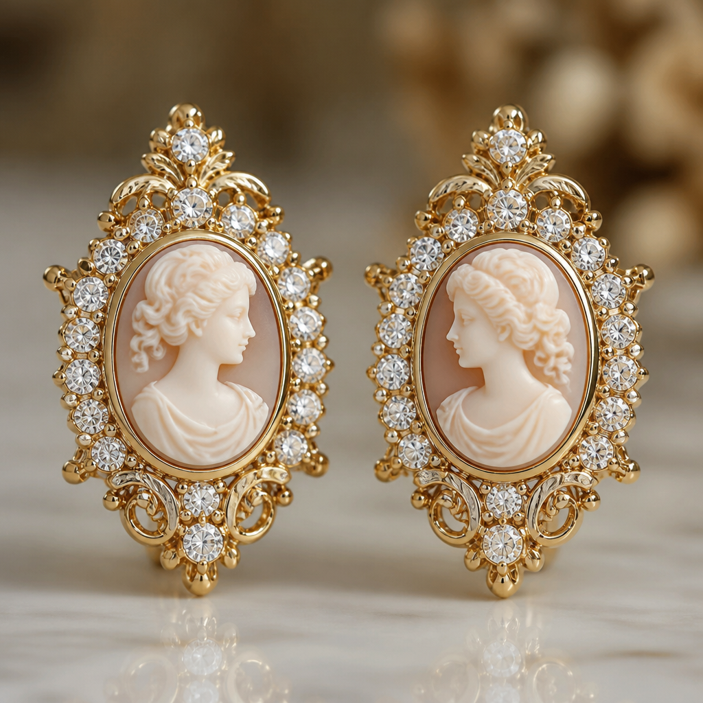 A cameo women's earrings made of gold with diamond stones suitable for formal, highly ornate, intricate and elaborate, richly detailed. delicado y sencillo, que los aretes sean cortos
photorealistic jewelry design, A cameo women's earrings made of gold with diamond stones suitable for formal, highly ornate, intricate and elaborate, richly detailed. delicado y sencillo, que los aretes sean cortos, cameo style, just the design no text