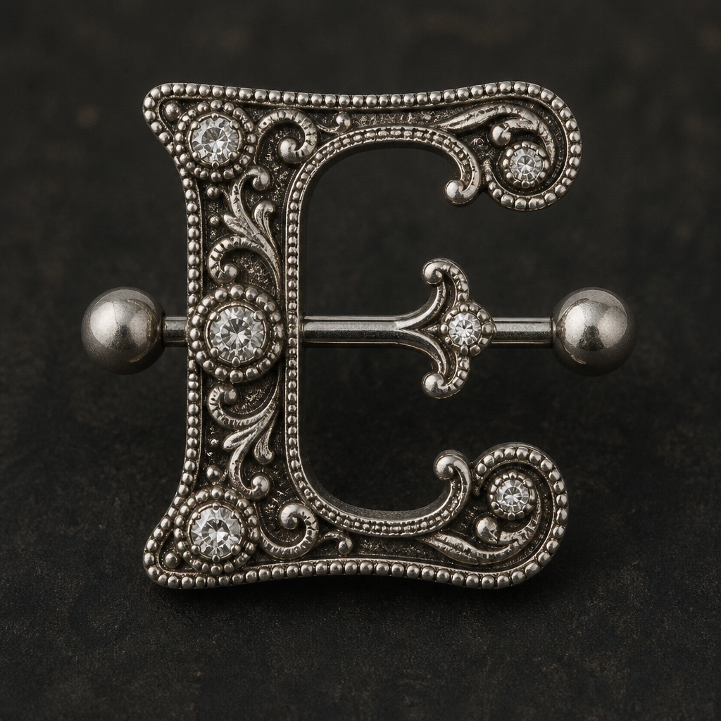 a silver nipple piercing in form of a capital "E" with white gems
Vintage jewelry: Vintage style silver nipple piercing, capital "E" shape, white gems. Ornate filigree, milgrain edges, antique finish.