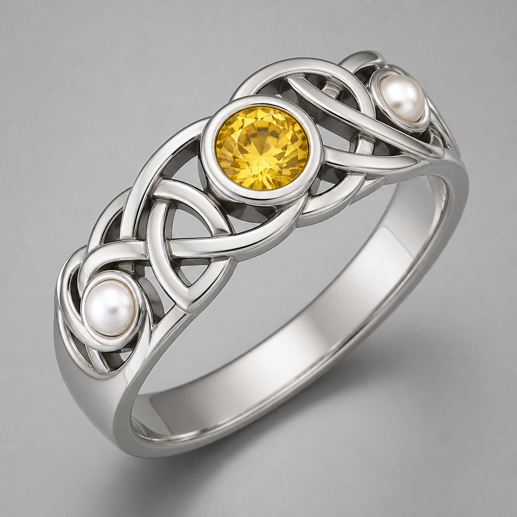 A celtic women's ring made of silver suitable for daily wear. make it with yellow Swarovski and white pearls bracelet
photorealistic jewelry design, A celtic women's ring made of silver suitable for daily wear. make it with yellow Swarovski and white pearls bracelet, celtic style, just the design no text
