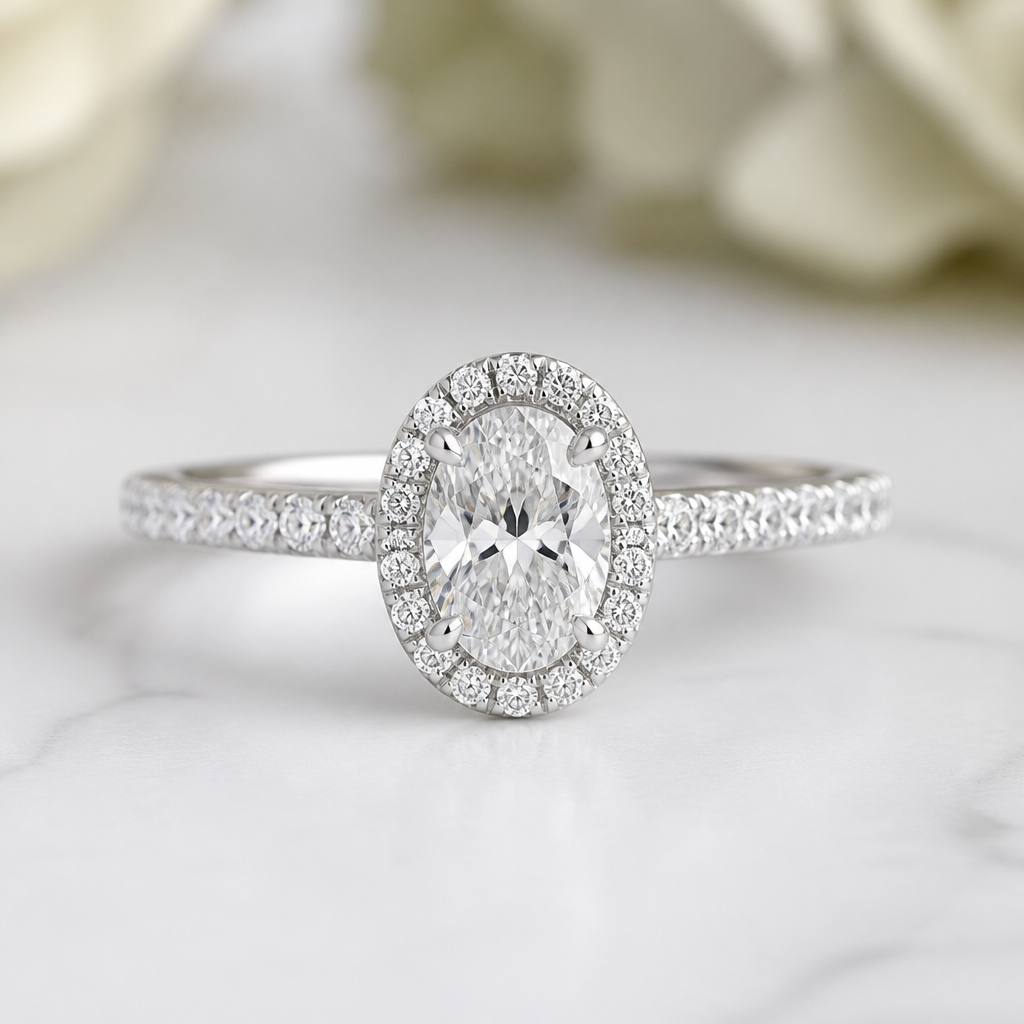 A halo women's ring with diamond stones suitable for wedding. A 0.70-carat oval diamond is used as the center stone.
photorealistic jewelry design, A halo women's ring with diamond stones suitable for wedding. A 0.70-carat oval diamond is used as the center stone., halo style, just the design no text