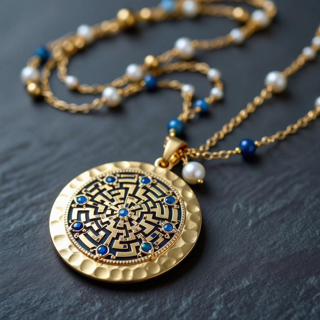 Кулон на длинной цепочке. Матовое светлое золото. В цепочке небольшие золотые шарики и синие камушки и жемчуга. Кулон в форме неровного мятого круга. На круге изображен лабиринт и украшен узорами и мелкими камушками 