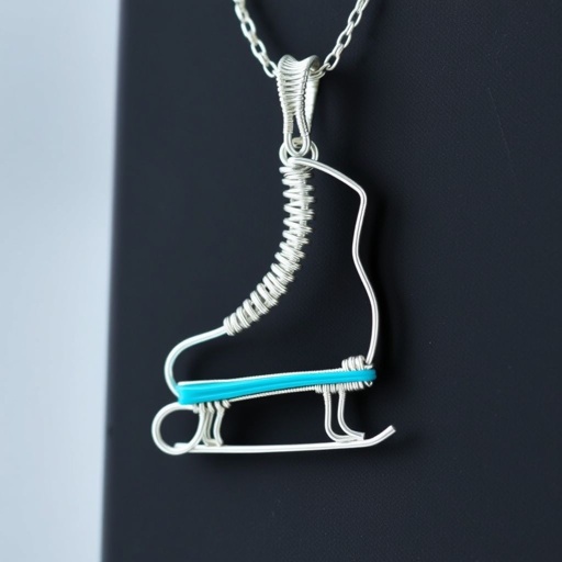 Silver Pendant shape one ice skate with turquoise stripe inside the low thin part blade