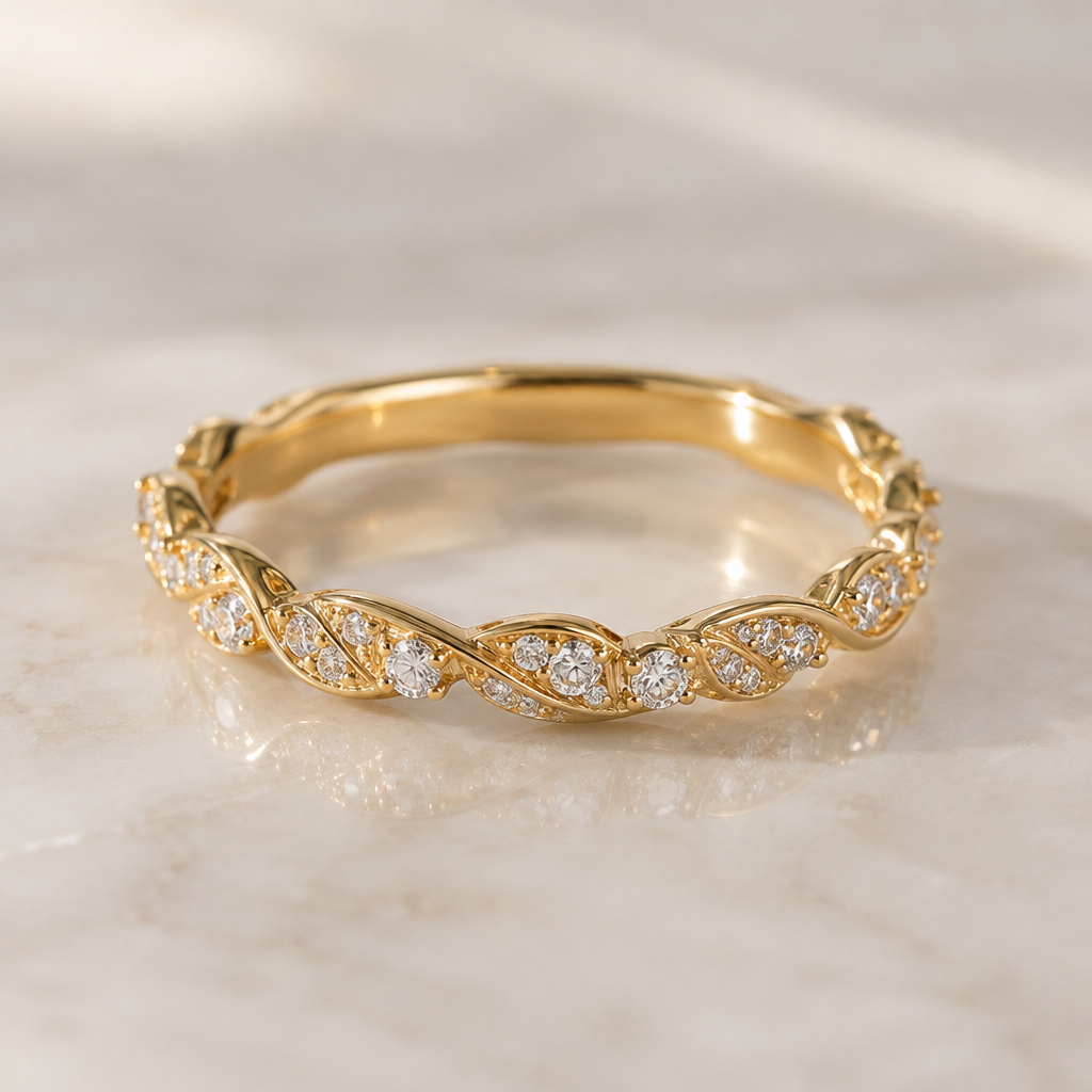 A stackable women's ring made of gold with diamond stones suitable for wedding
photorealistic jewelry design, A stackable women's ring made of gold with diamond stones suitable for wedding, stackable style, just the design no text