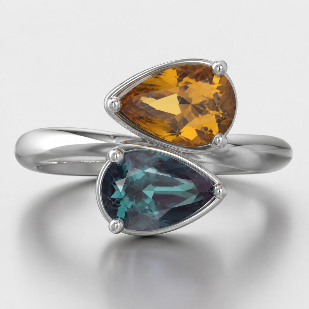 White gold ring pear shape stones one alexandrite one Madeira citrine
photorealistic jewelry design, White gold ring pear shape stones one alexandrite one Madeira citrine, just the design no text
