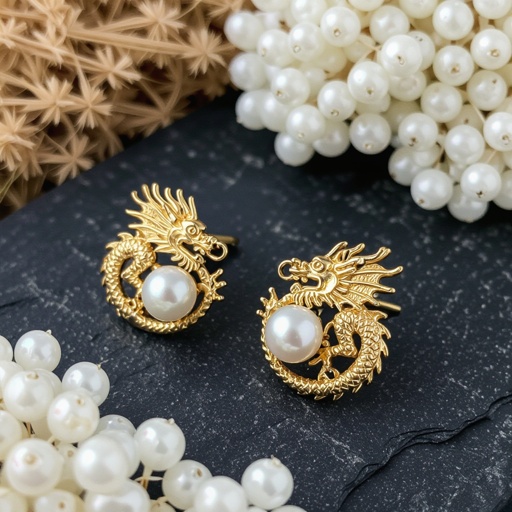 Золотые матовые серьги с изображением дракона узоры и жемчуг 