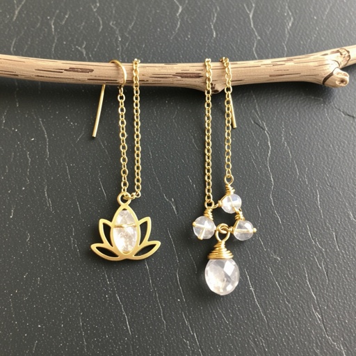 Серьги золото изящный маленький плоский лотос с необработанным маленьким хрусталем в центре, от лотоса идет золотая цепочка вниз с еще одним маленьким камушком хрусталя