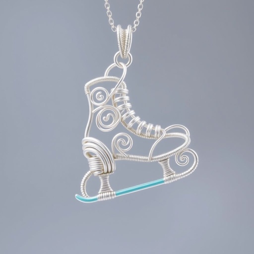 Silver Pendant shape one ice skate with turquoise stripe inside the low thin part blade
