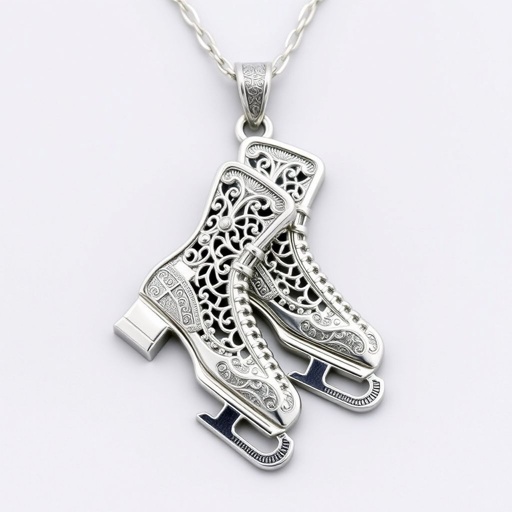 Silver pendant in the shape of ice skating blades with a turquoise stripe within the blade