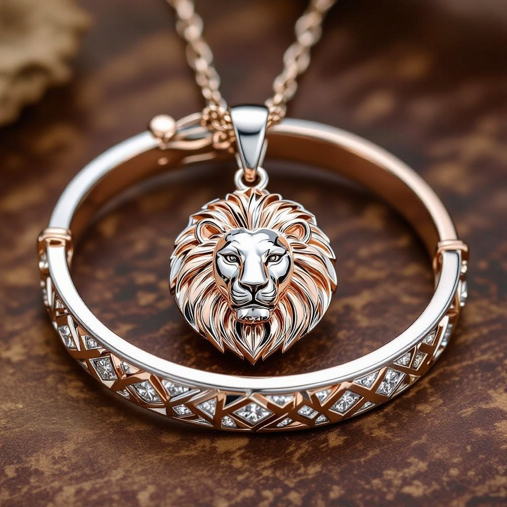 Create bangles of Geomatric leather of rose abd ehite gold lion pendant set of the collection of voulume and structure shapes Rose and white gold lion pendant, featuring geometric leather details in a bezel setting.