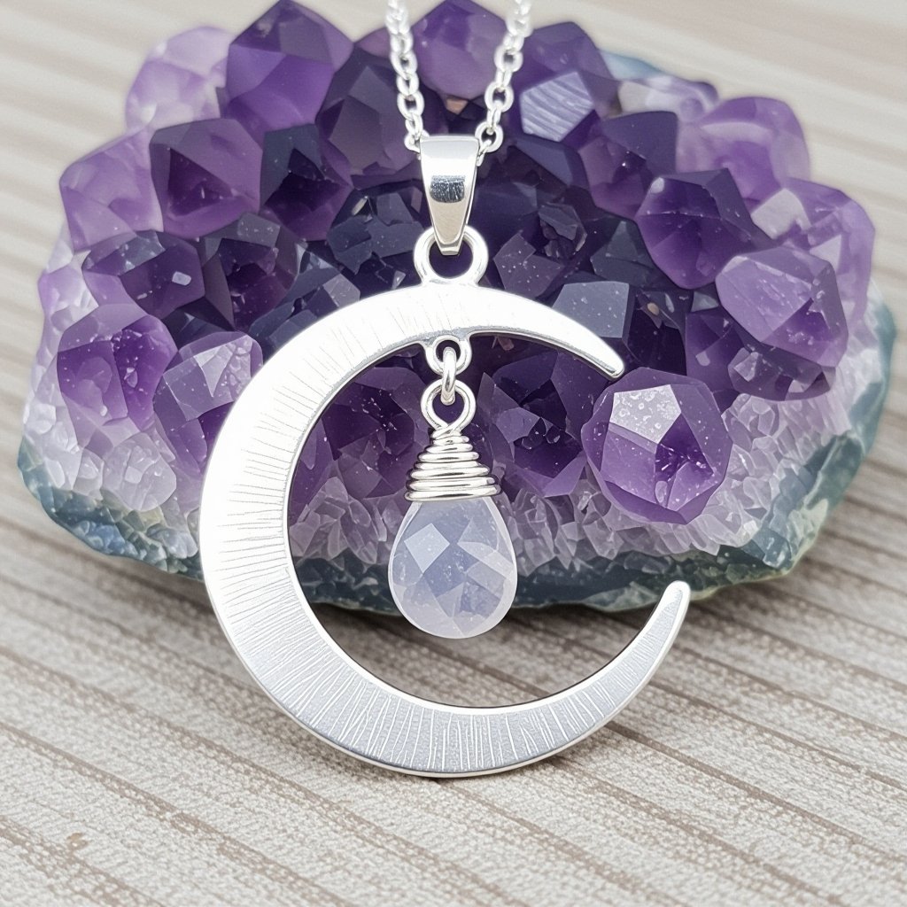 Луна полумесяцем и маленький в виде кристала лунный камень подвеска