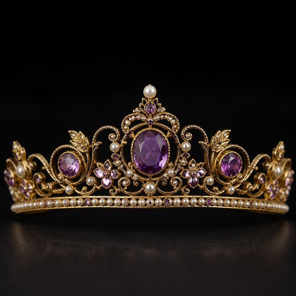 A vintage women's tiara made of gold with amethyst and pearl stones suitable for formal, highly ornate, intricate and elaborate, richly detailed. delicado y sencillo
photorealistic jewelry design, A vintage women's tiara made of gold with amethyst and pearl stones suitable for formal, highly ornate, intricate and elaborate, richly detailed. delicado y sencillo, vintage style, just the design no text