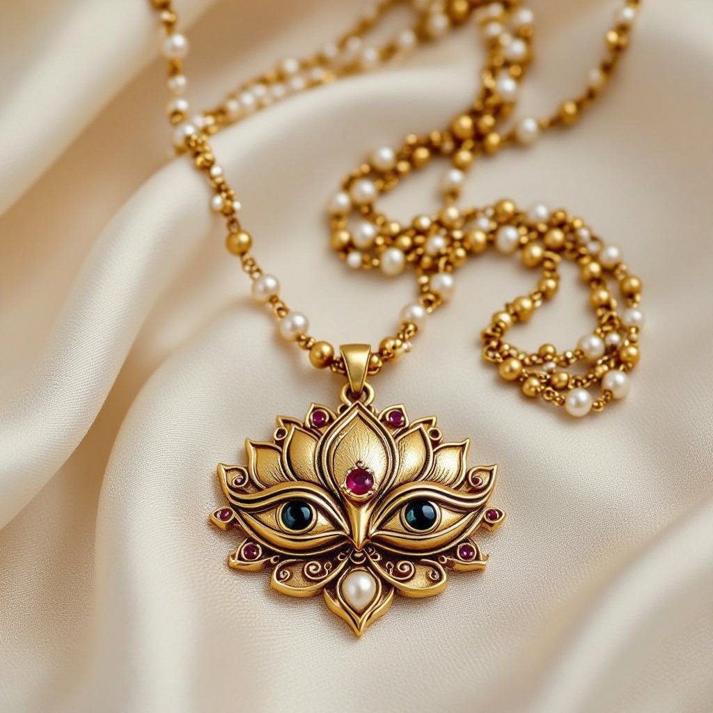 Кулон на длинной цепочке. Матовое светлое золото. В цепочке небольшие золотые шарики и жемчуг. Кулон в виде двух глаз над ними лотос с маленьким красным камнем внутри узоры завитушки 