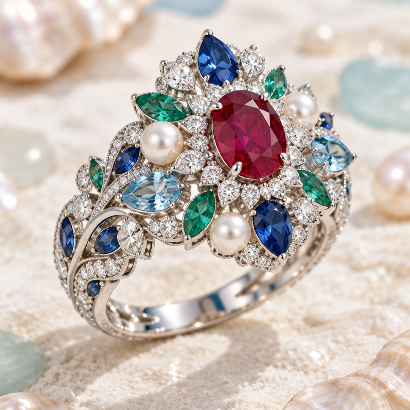 A royal women's ring with diamond and ruby and sapphire and pearl and emerald and aquamarine stones suitable for gift
using the attached image as a visual reference, create A royal women's ring with diamond and ruby and sapphire and pearl and emerald and aquamarine stones suitable for gift. photorealistic, just the design no text