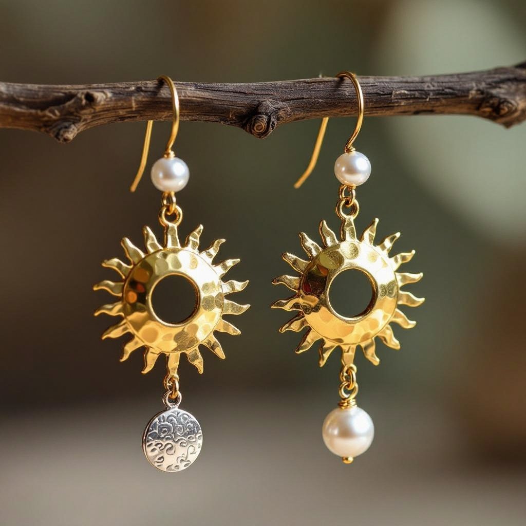 Золотые серьги словно мятое золото в форме горящего солнца с волнистыми лучами, в центре солнца круглая дыра. крепится к застежке серьги. К нижней части солнца крепятся подвески: миниатюрная серебристая луна, очень маленький жемчуг и маленький золотой кружочек с мятым эффектом плоский