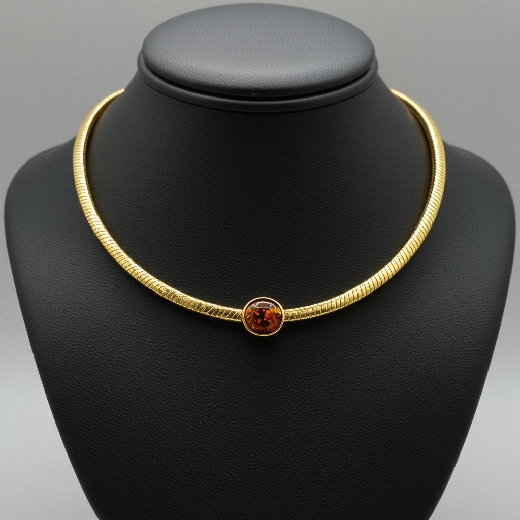 Choker necklace , snake chain style, a bit wide on width :7mm. with a gem stone in the middle matching the widtch. The gem stom colour: brown, orangey, sunny glass looking