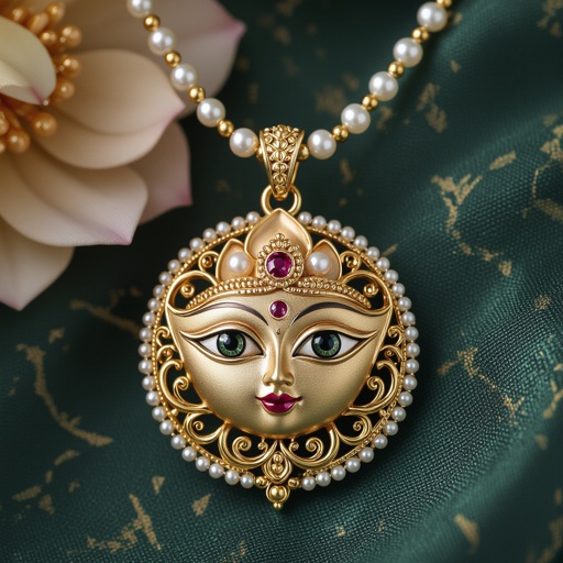 Кулон на длинной цепочке. Матовое светлое золото. В цепочке небольшие золотые шарики и жемчуг. Кулон в виде двух глаз над ними лотос с маленьким красным камнем внутри узоры завитушки 