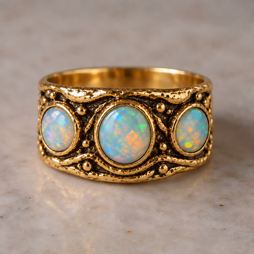 Restyled: make opals all same size
Restyle the jewelry piece in the image: make opals all same size. Keep the overall design and composition unless instructed otherwise. Photorealistic jewelry photograph, no text.