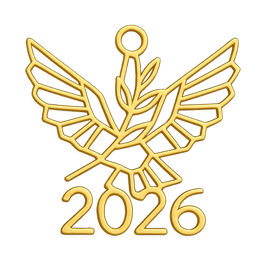 Golden cut-out charm only with  two spread out bird wings, an olive branch and  along year 2026