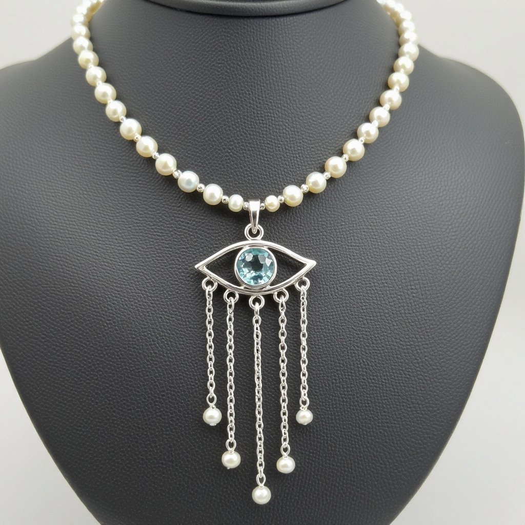 Тонкая цепочка с серебряными шариками и мелкими жемчужными камушками на цепочке есть кулон в форме глаза, зрачок глаза из аквамарина от глаза идет маленькая подвеска с серебряными цепочками разной длины