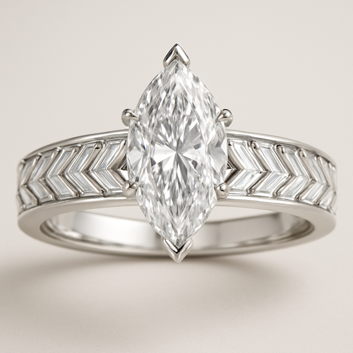 Herringbone baguette band with a 3ct marquise center diamond pointed at a 90 degree angle