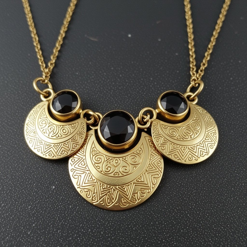 Подвеска из трех полумесяцев с узорами и камнями раухтопаза из матового неровного светлого золота с узорами соединенных цепочкой сверху самый широкий полукруг дальше средний и снизу самый маленький