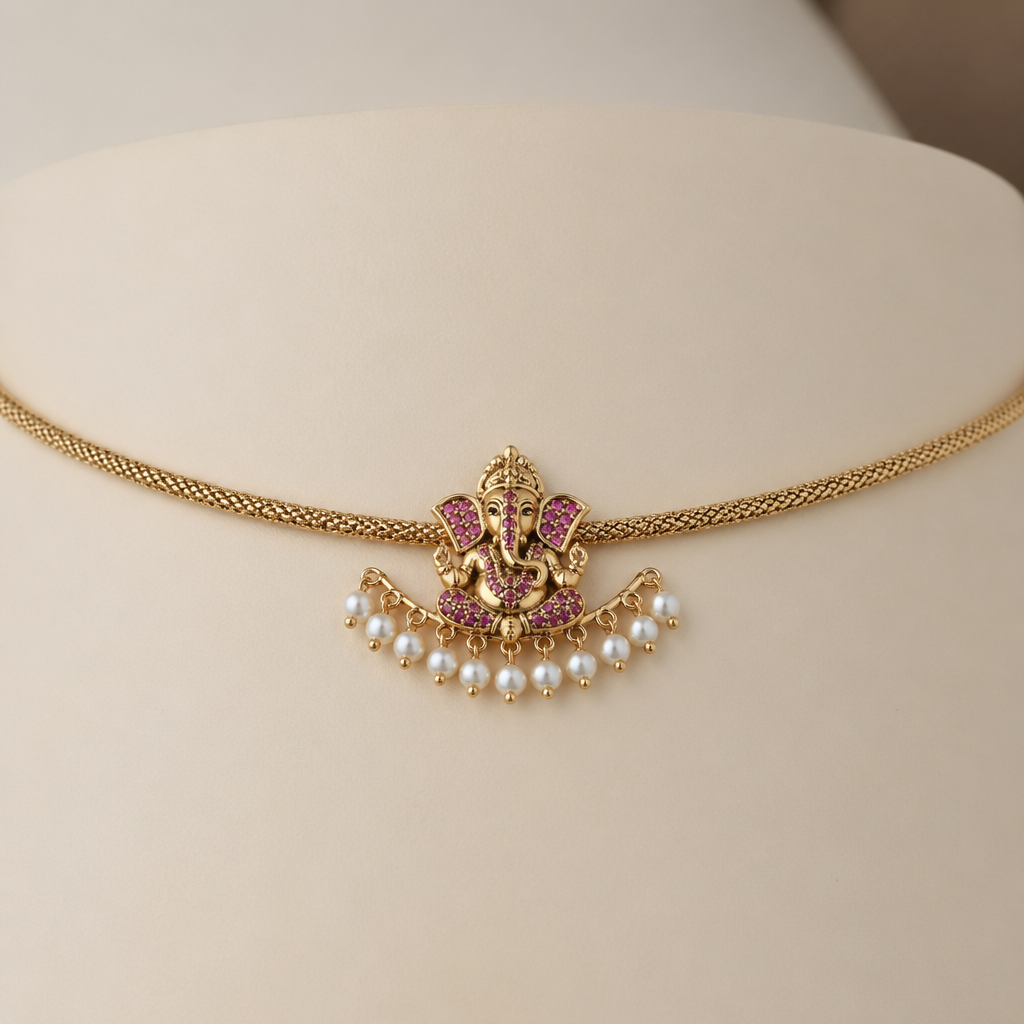 I need small ganapati with white pearls on the bottom, it is choker and pink sapphire stones on ganapati
photorealistic jewelry design, I need small ganapati with white pearls on the bottom, it is choker and pink sapphire stones on ganapati , minimalist style, just the design no text