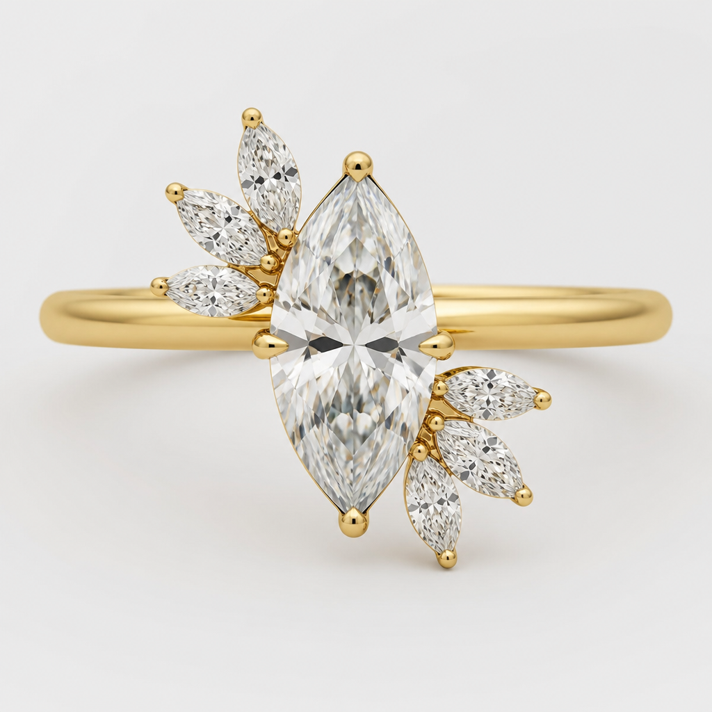 the main diamond is marquis cut. then next to the main big diamond, i want three small marquis cut diamonds flowering out of the top left corner and bottom right corner.
photorealistic jewelry design, the main diamond is marquis cut. then next to the main big diamond, i want three small marquis cut diamonds flowering out of the top left corner and bottom right corner. , diamond style, just the design no text