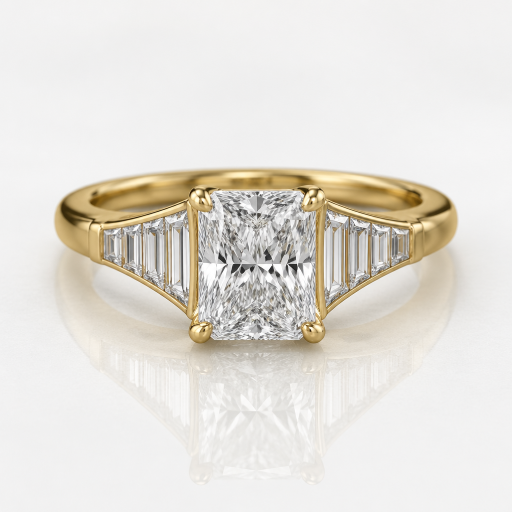 1.75 carat Center radiant cut diamond with 75 point Radio cuts on each side 5 mm taper. I am going to 3.5 mm at the base with Cathedral heads all yellow gold.
photorealistic jewelry design, 1.75 carat Center radiant cut diamond with 75 point Radio cuts on each side 5 mm taper. I am going to 3.5 mm at the base with Cathedral heads all yellow gold., just the design no text