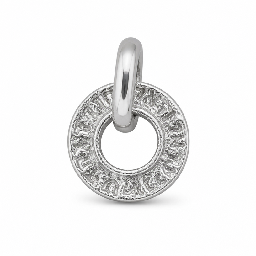 A women's pendant made of white gold. cooy as per the picture. 9k white gold circle pendant. 20mm in diameter
using the attached image as a visual reference, create A women's pendant made of white gold. cooy as per the picture. 9k white gold circle pendant. 20mm in diameter. photorealistic, just the design no text