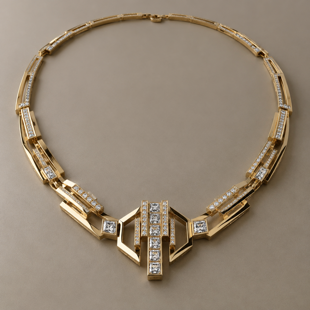 A industrial women's necklace made of gold with diamond stones. Oussama Farhat
photorealistic jewelry design, A industrial women's necklace made of gold with diamond stones. Oussama Farhat, industrial style, just the design no text