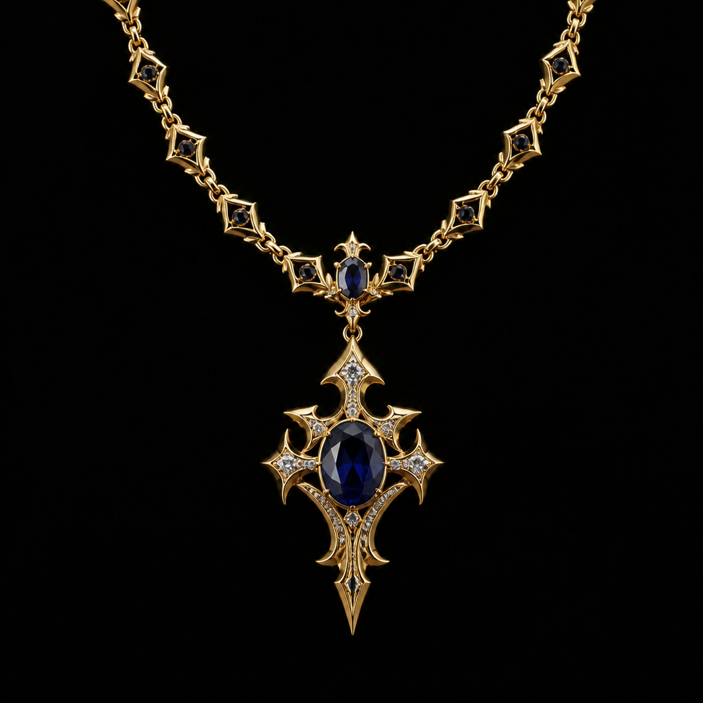A gothic men's necklace made of gold with sapphire and diamond stones suitable for wedding
photorealistic jewelry design, A gothic men's necklace made of gold with sapphire and diamond stones suitable for wedding, gothic style, just the design no text