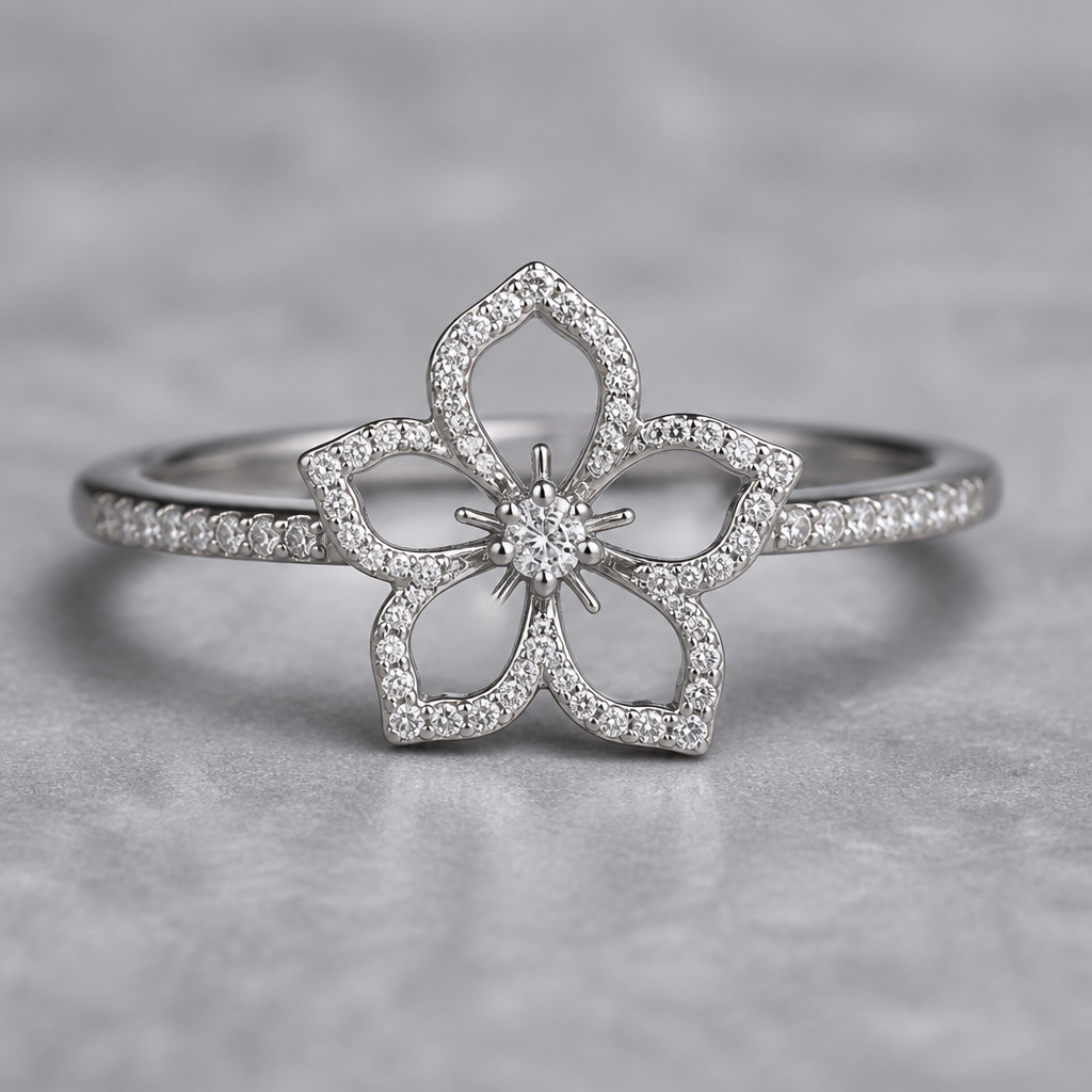 A women's ring made of silver with diamond stones. hibicus ligne fine, (diamand poutours des petales vide, toutes les petales) et delicat ,3 tres petit diamand dans le milieu au bout de la tige interieur de la fleur vide, plus detail, 5 petales chaine de chaque coté, tige qui ne depasse la fleur, minimaliste mince féminin, avec anneau pas de chaine, un peu diamant sur lanneau, utilisé la meme forme de fleur que limage de réféeence
photorealistic jewelry design, A women's ring made of silver with diamond stones. hibicus ligne fine, (diamand poutours des petales vide, toutes les petales) et delicat ,3 tres petit diamand dans le milieu au bout de la tige interieur de la fleur vide, plus detail, 5 petales chaine de chaque coté, tige qui ne depasse la fleur, minimaliste mince féminin, avec anneau pas de chaine, un peu diamant sur lanneau, utilisé la meme forme de fleur que limage de réféeence, modern style, just the design no text