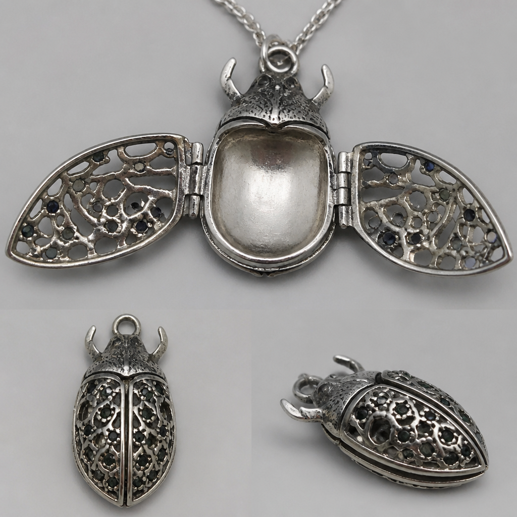 Hand carved wax cast of beetle locket on 935 silver. It’s weeks open outwards like a book. It doesn’t look mass produced. The wings have a negative space design cage but also there’s 1mm tiny sapphires set in scattered on the wings cage in dark and like green
photorealistic jewelry design, Hand carved wax cast of beetle locket on 935 silver. It’s weeks open outwards like a book. It doesn’t look mass produced. The wings have a negative space design cage but also there’s 1mm tiny sapphires set in scattered on the wings cage in dark and like green , bespoke style, just the design no text