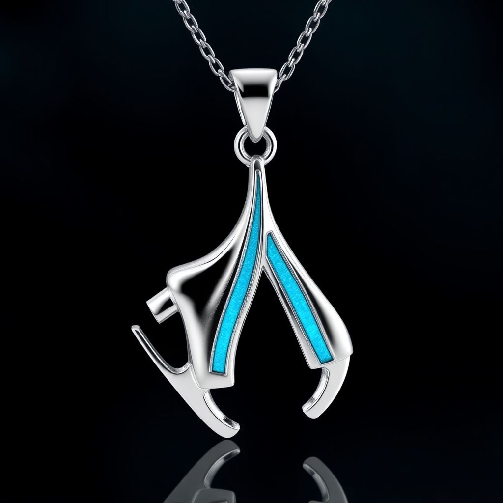 Silver pendant in the shape of ice skating blades with a turquoise stripe within the blade