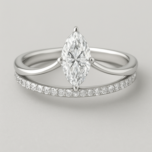 Create an engagement ring with pave band but add a plain band to both sides. Let the plain bands connect at the top holding a floating marquise cut diamond with prongs holding the top and bottom of the diamond.