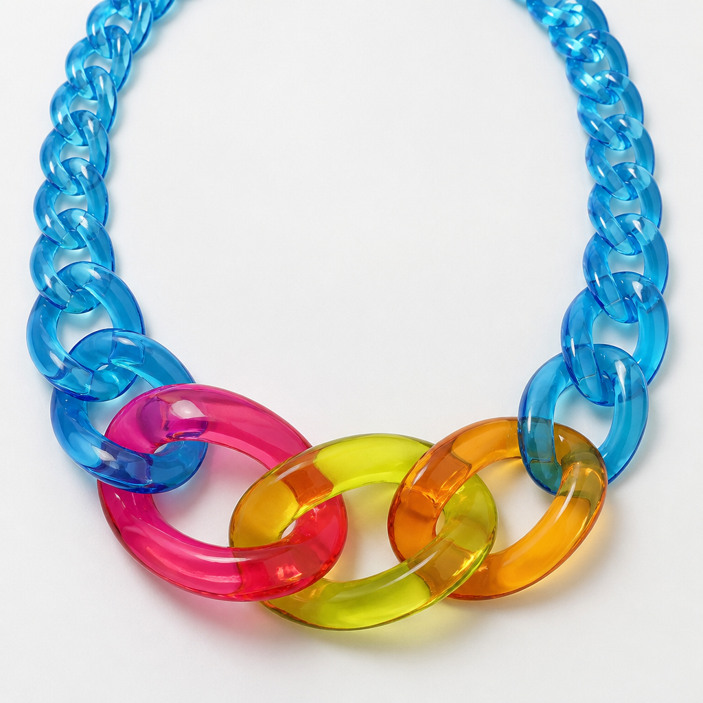A women's necklace. create a chunky Cuban links style plastic necklace that is graduated and exaggerated in the first three links of translucent colors of jolly rancher candy colors
photorealistic jewelry design, A women's necklace. create a chunky Cuban links style plastic necklace that is graduated and exaggerated in the first three links of translucent colors of jolly rancher candy colors, modern style, just the design no text