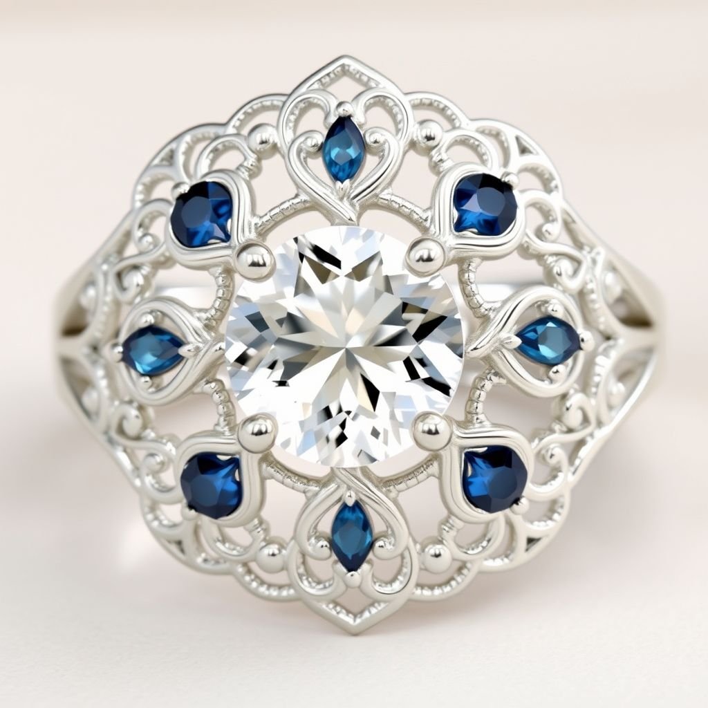 Filigree ring with white and blue topaz symbolizing true love
