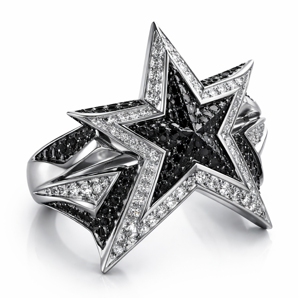 Unique modern edgy ring of Unique design of edges and bold shapes of nice unique star with black diamonds and white diamonds of white background